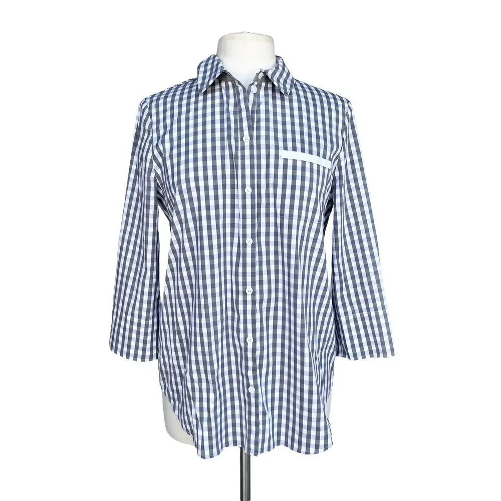 LAFAYETTE 148 Women’s Tunic Top Sz M Gray White Gingham 3/4 Sleeve Blouse